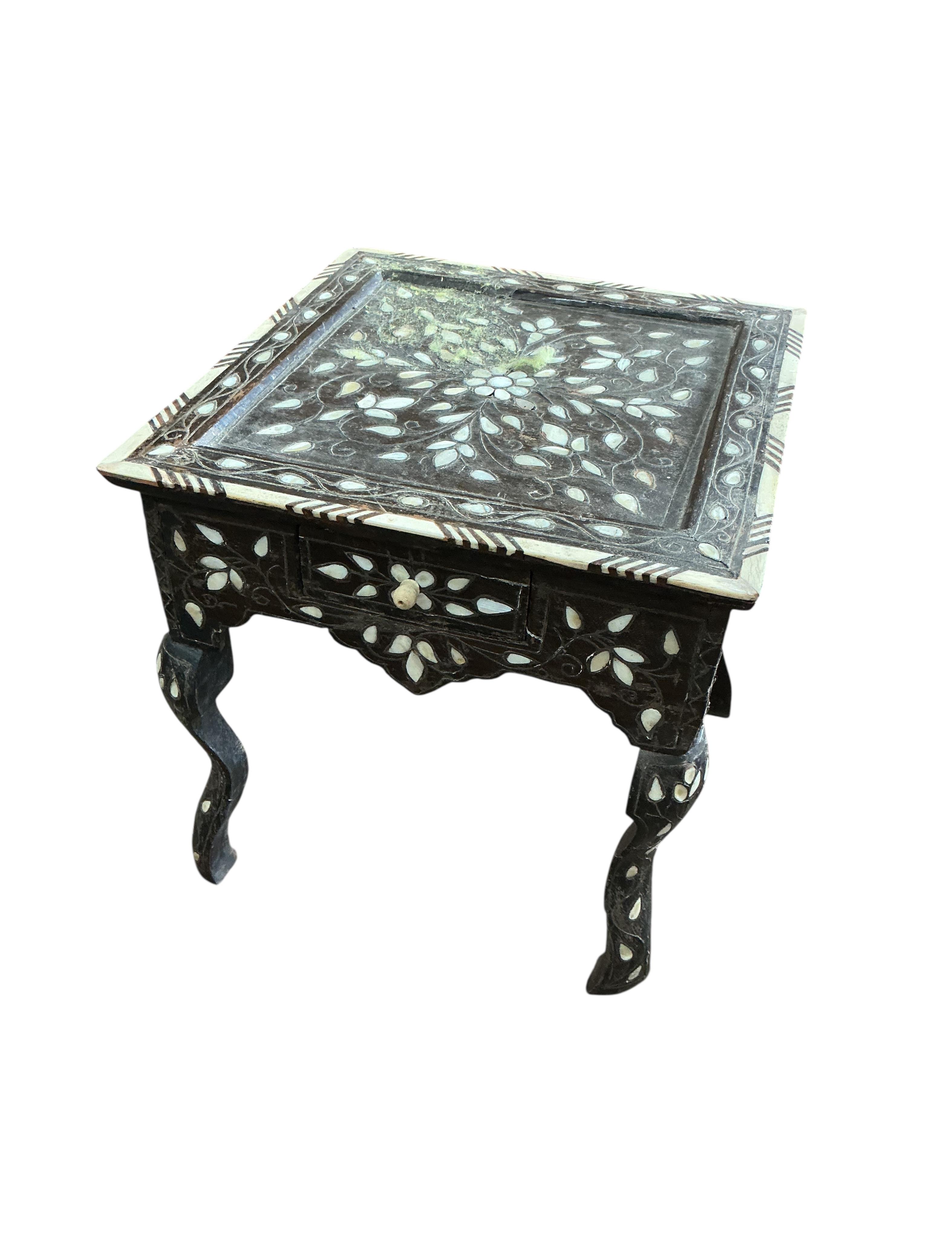 Two Damascan bone inlaid hardwood low tables, larger width 36cm, height 44cm